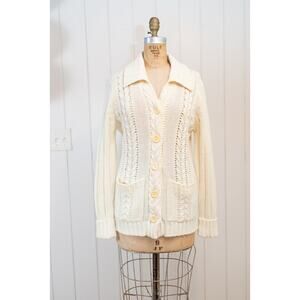 Vintage Cream Cable Knit Fisherman Sweater, Cottage Acrylic Cardigan, Pockets, M